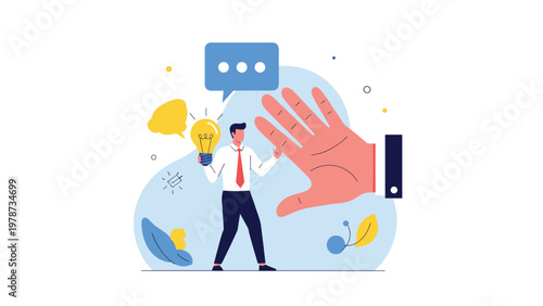 Creative professional holding a glowing lightbulb but being stopped by a giant hand representing office censorship.