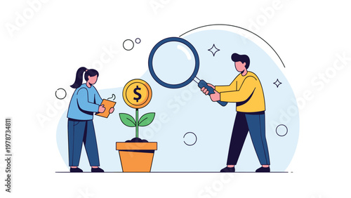 Financial analysts examining a growing money plant with a magnifying glass to track investment performance and wealth growth.