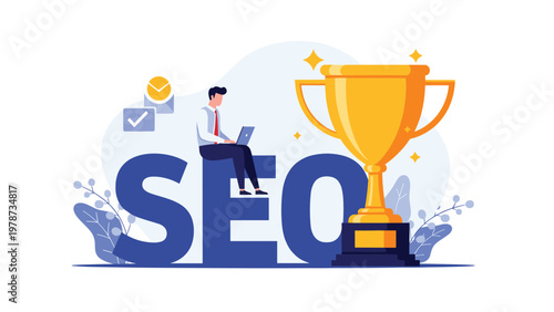 Successful businessman sits on top of a giant blue word seo while working on his laptop next to a large golden trophy cup.