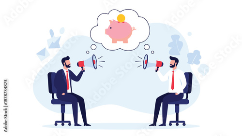 Two men sit in chairs using megaphones to shout at a shared thought bubble featuring a pink piggy bank representing financial debate.