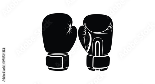 A pair of black boxing gloves are prominently displayed against a white background creating a striking silhouette