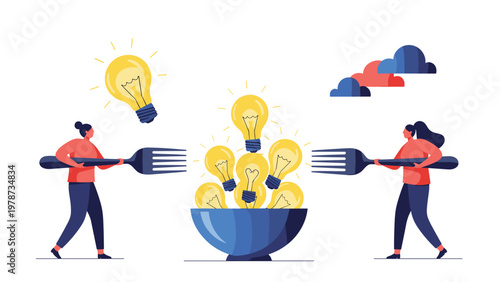 Two women use giant forks to try and pick up glowing lightbulbs from a blue bowl representing competition for innovative ideas.