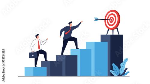 Two men climb up a set of bar graph stairs towards a red target bullseye representing career progression and corporate success.