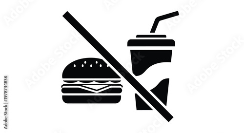 Prohibition sign over a burger and drink representing restricted food items