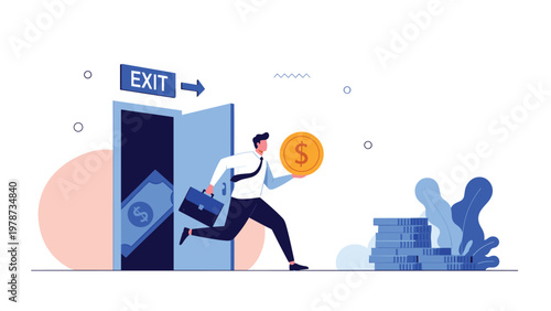 Businessman in a suit runs out of an exit door while carrying a large gold coin and a briefcase representing capital flight.