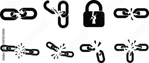Black and white illustration of broken chains padlock and shattering links representing security breaches and vulnerabilities