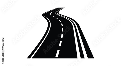 A winding road stretches into the distance depicted as a stark black graphic silhouette high quality professional detailed