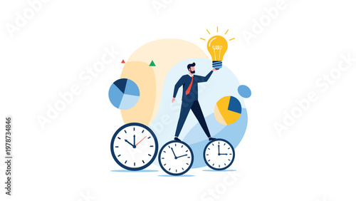 Skilled businessman balances on three large clocks while holding a glowing lightbulb representing efficient time management.