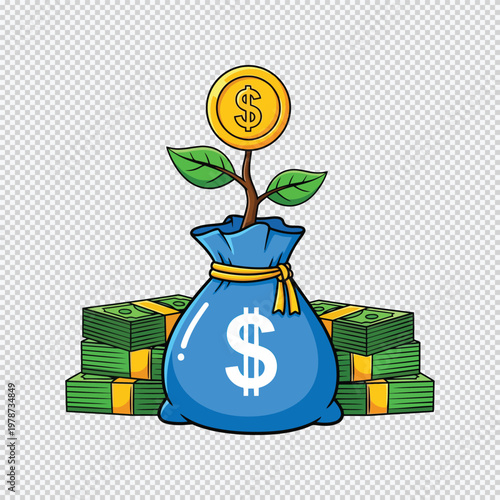 Money bag with plant and coin on blue