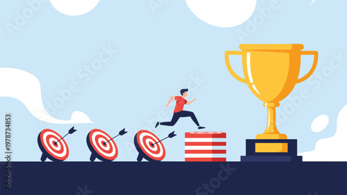 Energetic person jumps over several red targets and obstacles towards a giant golden trophy representing the final career goal.
