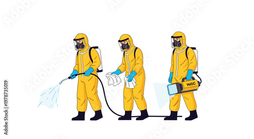 Three professionals wearing bright yellow hazmat suits perform thorough decontamination tasks using a sprayer and cleaning cloths in a sterile white environment.