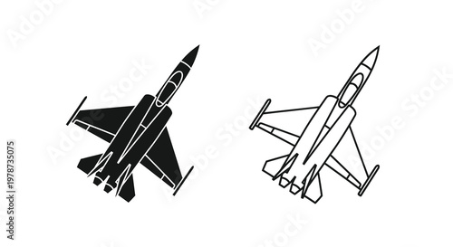 Two black and white illustrations of a fighter jet in different orientations