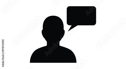 A simple black graphic depicts a person s head and shoulders with a speech bubble a minimalist silhouette