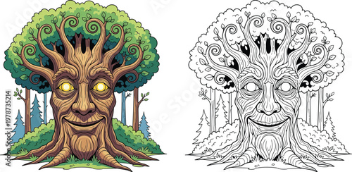 Mystical Tree Spirit with Glowing Eyes and Outline Version