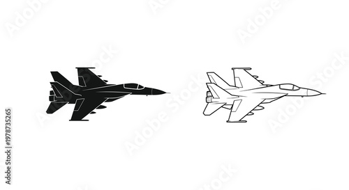 Two depictions of a fighter jet in contrasting color schemes