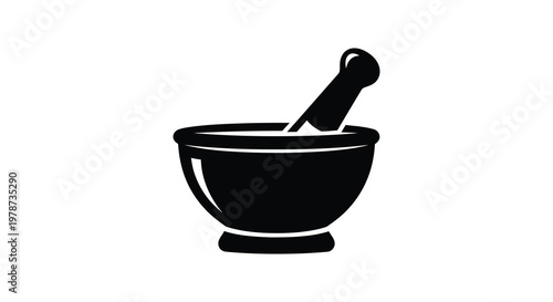A stark black silhouette depicts a traditional mortar and pestle commonly used in pharmacies and kitchens silhouette