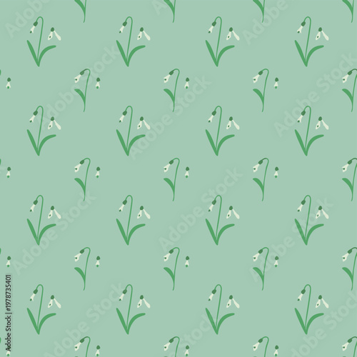 White snowdrop flower pattern on teal blue background vector graphic.