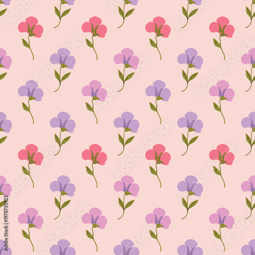 Purple and pink sweet pea flower pattern on soft peach backdrop art.