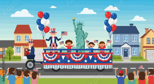 Festive Fourth of July Parade with Uncle Sam, Statue of Liberty, and Cheering Crowd