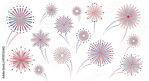Festive Red, White, and Blue Fireworks Display with Stars and Trails