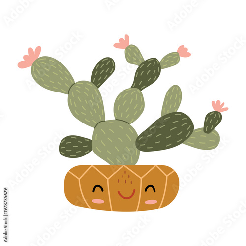 Funny cactus flower. Blooming cactus in pot with cute face. Hand drawn cute plant character.