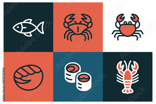 Seafood icon set with fish crab lobster and sushi rolls on colorful background flat line art style for restaurant menu and food branding