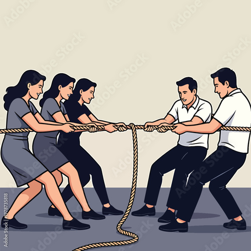 Men and women competing in tug of war, teamwork, strength