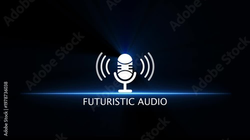 White microphone icon with sound waves and text FUTURISTICAUDIO