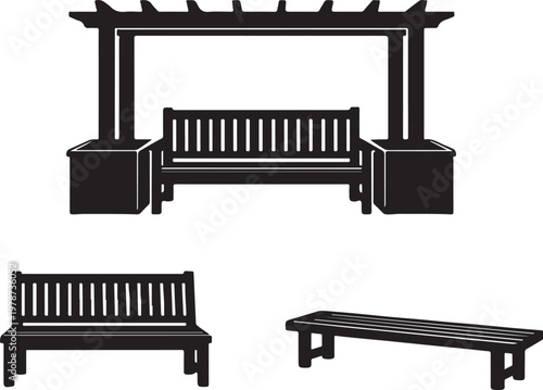 slatted bench set with pergola planter and backless bench silhouette vector