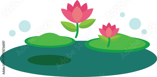 Water Lily Pond with Two Blooming Flowers and Lily Pads Peaceful Nature Scene Vector