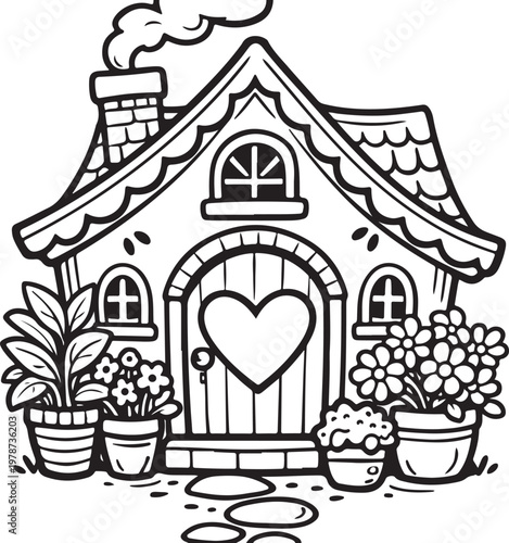 whimsical front view house with heart door and chimney smoke flanked by potted plants line art