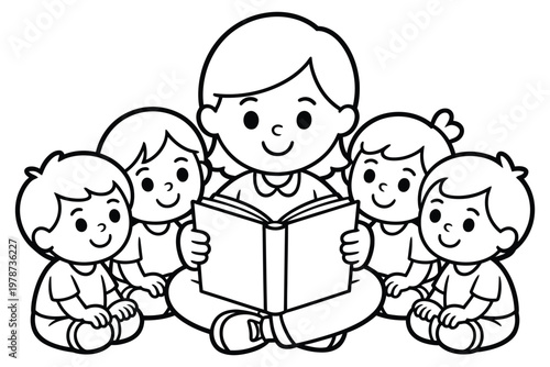 Teacher reading storybook to group of small children in classroom environment educational illustration for school kids learning activity