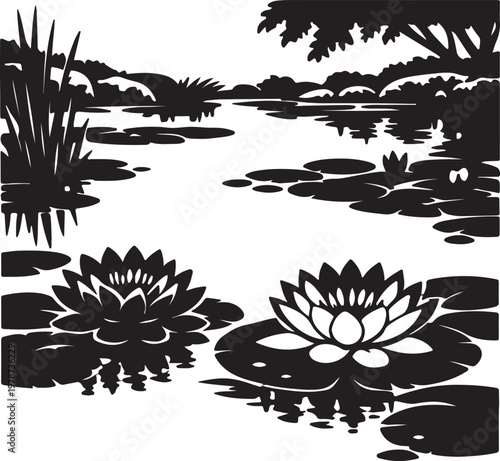  Water Lily Pond with Two Blooming Flowers and Lily Pads silhouette vector illustration