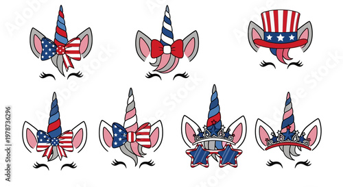 Patriotic Unicorn Faces with American Flag Bows, Crowns, and Uncle Sam Hat