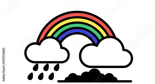 Colorful rainbow with clouds and raindrops.