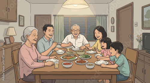 A Multi-Generational Asian Family Enjoys a Festive Meal Together Around a Table Laden with Food