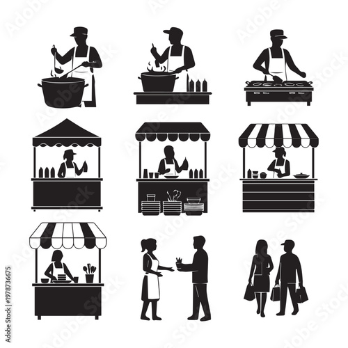 Vibrant scenes of street food vendors and market interactions