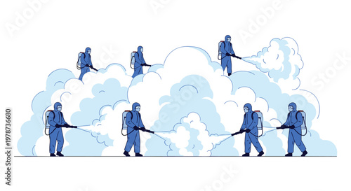 A team of workers dressed in blue protective suits sprays large clouds of disinfectant fog across a wide open space to ensure complete environmental safety.