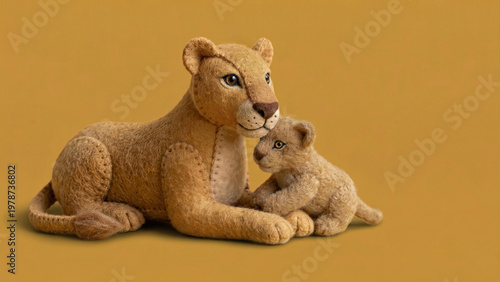 Needle felted wool sculpture of a lioness and cub resting on a mustard yellow background. Handmade textile art showing a soft plush mother and baby animal craft.