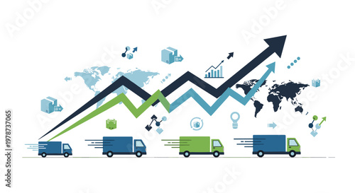 Interconnected global supply chain trends feature multiple rising lines and shipping truck icons overlaid on a world map with various logistics symbols.