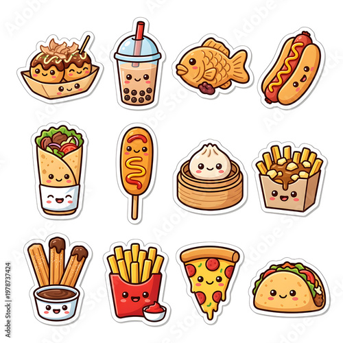 Cartoon food collection isolated stickers of delicious dishes with transparent background