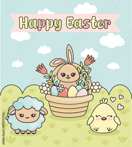 Colorful Easter card featuring cute bunny in basket filled with flowers, fluffy lamb, and cheerful chick with hearts on grass, with text at top. Cute animals in sunny field, kawaii style.