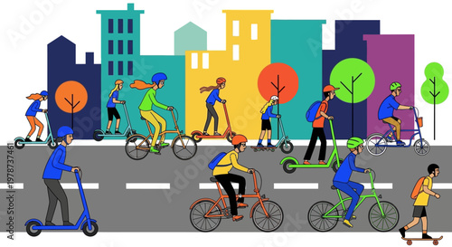 People riding bicycles and scooters in city