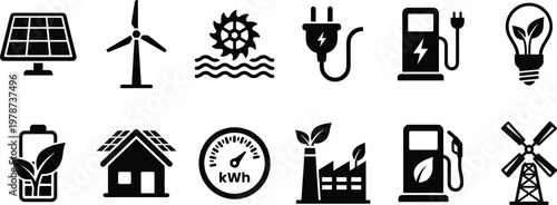 Renewable energy sources and sustainable power generation icons set