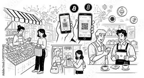 People shopping and paying with cryptocurrency in a market