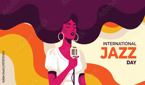 Photography International Jazz Day Illustration with Beautiful Female Singer and Retro Micro