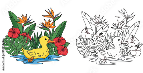 Cute yellow duckling swimming in tropical pond with hibiscus and bird of paradise flowers coloring page vector illustration for kids activity
