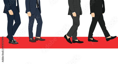 The lower bodies of four men in formal suits walk across a bright red carpet, highlighting their varied professional footwear styles in a clean setting.