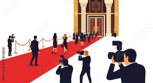A perspective view of a red carpet entrance shows photographers taking pictures of guests arriving at a grand building entrance with elegant architecture.