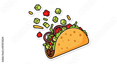 A cartoon taco with falling ingredients.